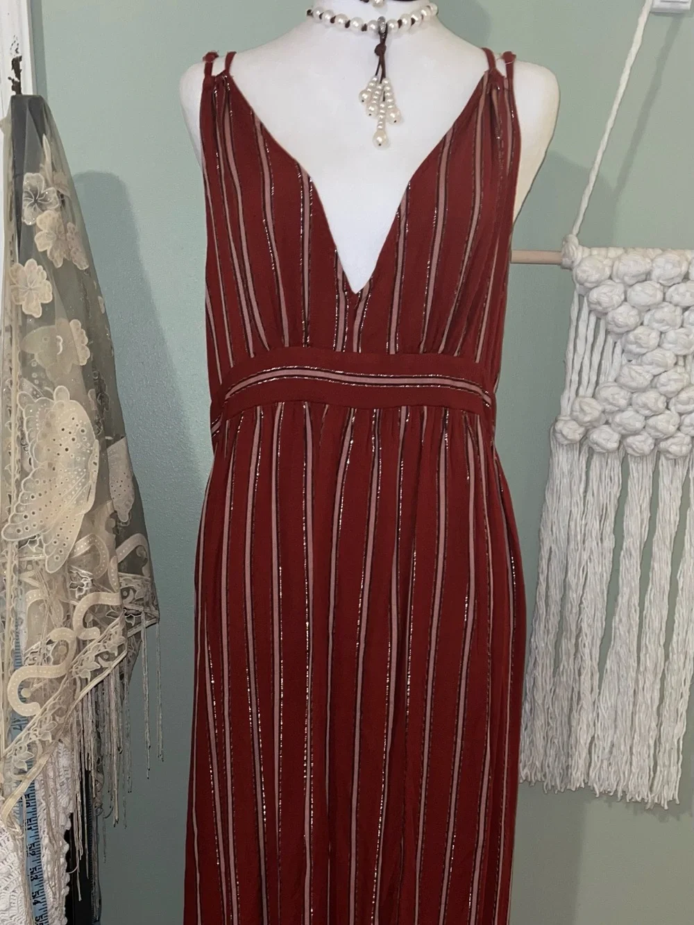 Adjustable Straps V-Neck Striped Maxi Dress in Deep Burgundy - Picture 1 of 12